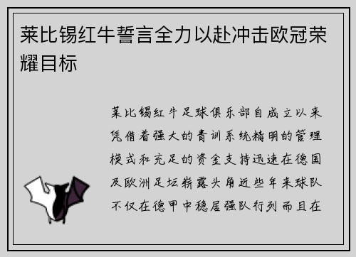 莱比锡红牛誓言全力以赴冲击欧冠荣耀目标