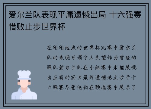 爱尔兰队表现平庸遗憾出局 十六强赛惜败止步世界杯